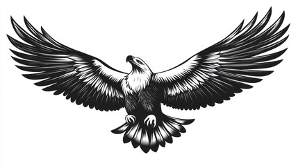 Fototapeta premium Eagle Soaring with Open Wings Black and White Vector Illustration