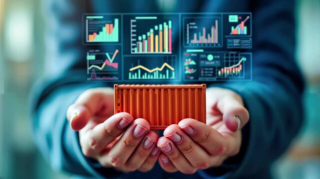 Hands holding orange shipping container with digital logistics dashboard above. Supply chain analytics visualization with freight performance metrics, cargo tracking data, and trade