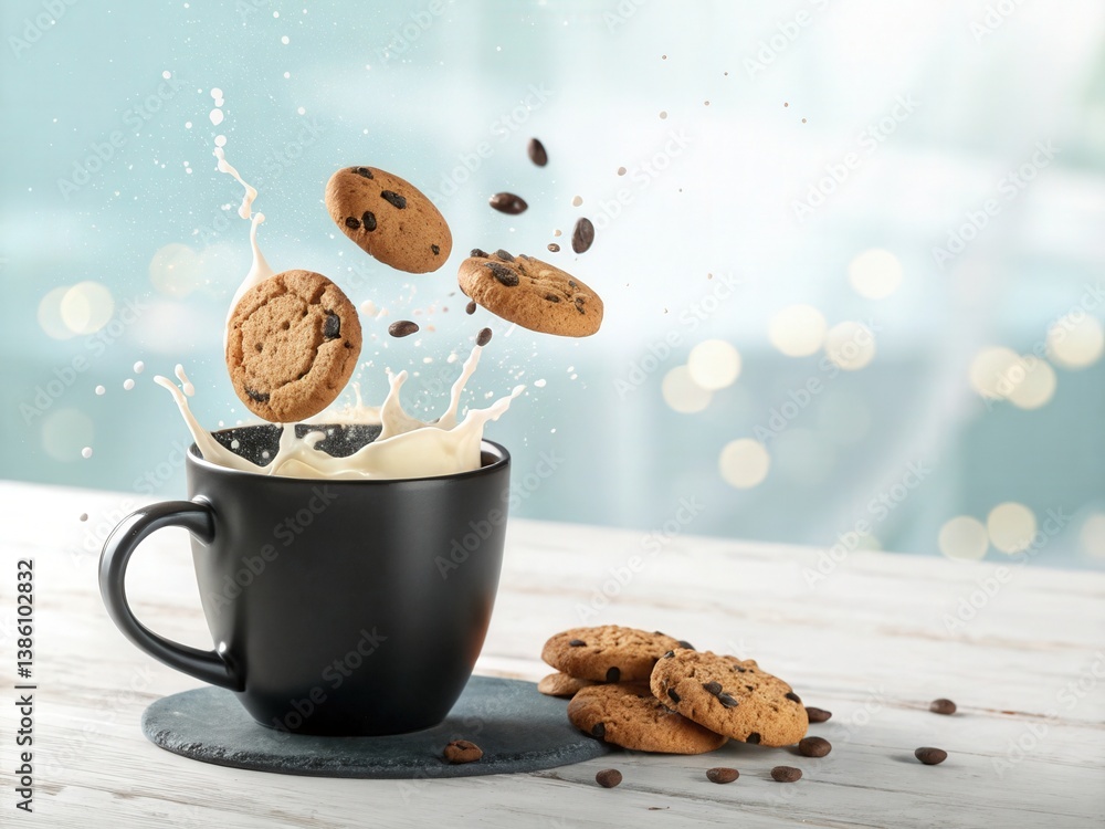 Poster Dynamic splash of milk with flying chocolate chip cookies creating an action-packed scene.