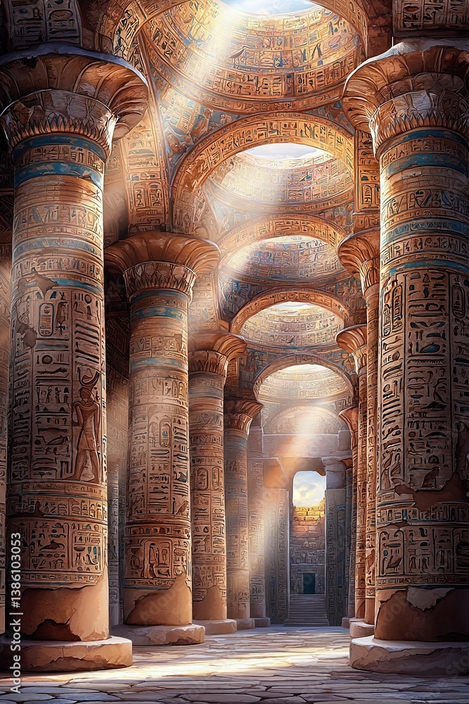 Poster Ethereal Light Filtering Through Ancient Columns Creating a Serene Nature-Inspired Atmosphere in a Historic Temple Setting