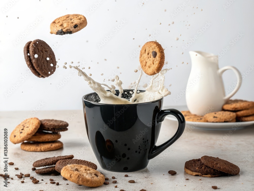 Poster Dynamic splash of milk with flying chocolate chip cookies creating an action-packed scene.