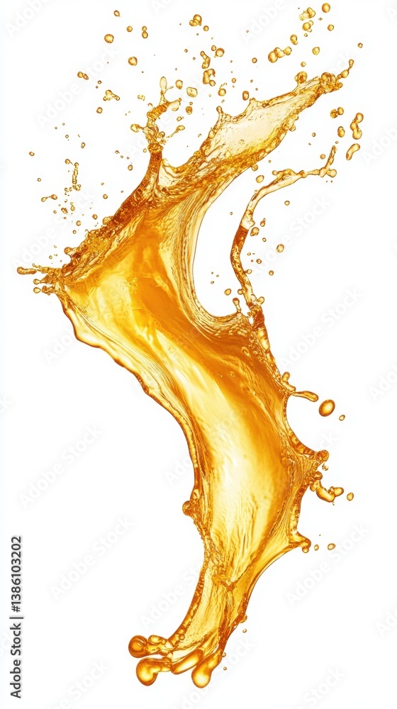 Poster dynamic splash of golden liquid on a clean white background capturing vibrant movement and refreshin