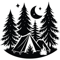 Obraz premium Forest Tents Circle Isolated Illustration, Pine Trees, Campfire, Stars in Night