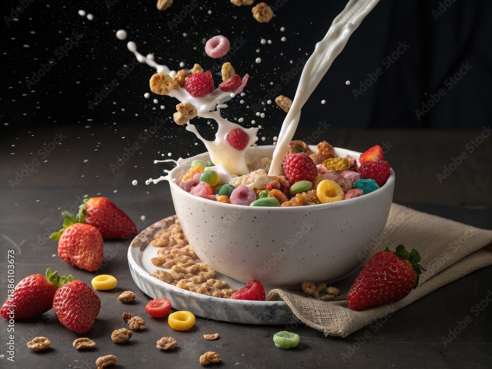 Poster dynamic splash of milk into a colorful cereal bowl with vibrant strawberries.