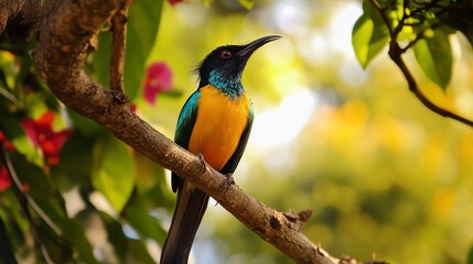 Colorful Sunbird Bird Sitting on Branch with Bokeh Background Nature