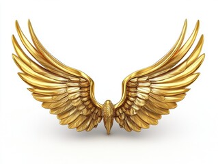 Obraz premium Majestic golden wings spread wide against a clean white backdrop embodying freedom, grace, and ethereal beauty with a touch of divine inspiration