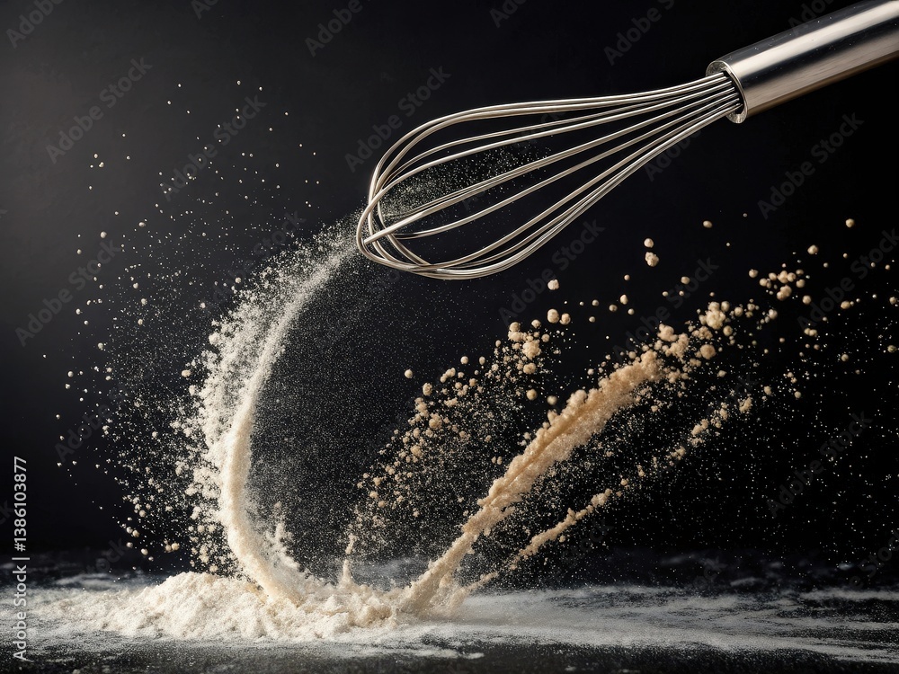 Poster dynamic whisk dispersing flour in dramatic motion against a dark background.