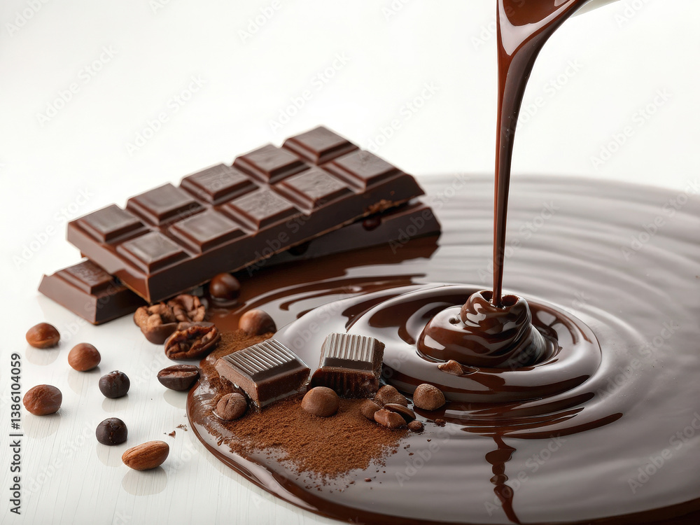 Poster molten chocolate is being poured onto a surface, creating a glossy, swirling pool. a partially unwra