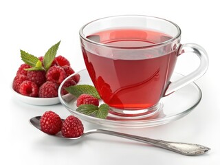 A clear glass teacup filled with raspberry-colored tea is placed on a matching saucer. Fresh raspberries and mint leaves are arranged around the cup and on the saucer.