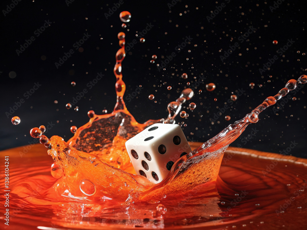 Poster A die is captured mid-air, splashing into a pool of vibrant orange liquid. The splash creates dynamic droplets and ripples, with the die partially submerged and its numbers visible.