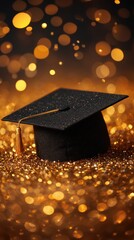 Academic Achievement Shines Graduation Cap Symbolizing Success on Golden Glitter Background Celebration