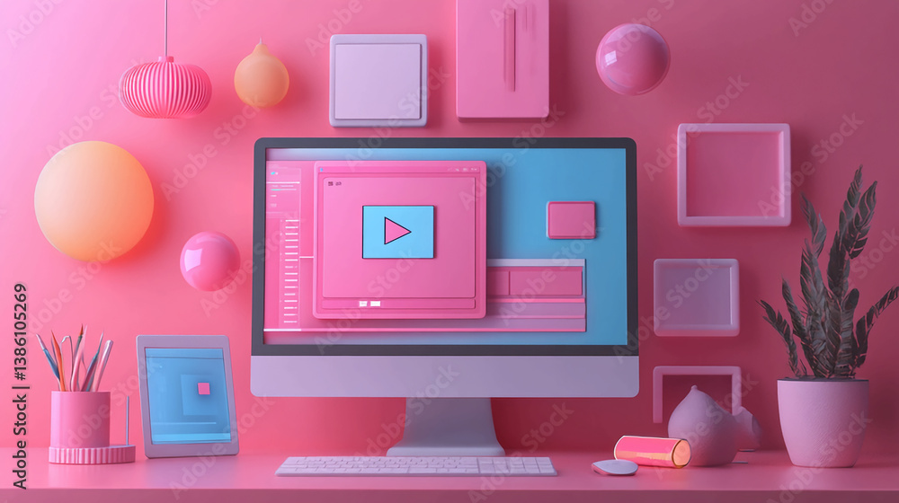 Poster pink aesthetic workspace computer setup for graphic design and video editing creative content creati