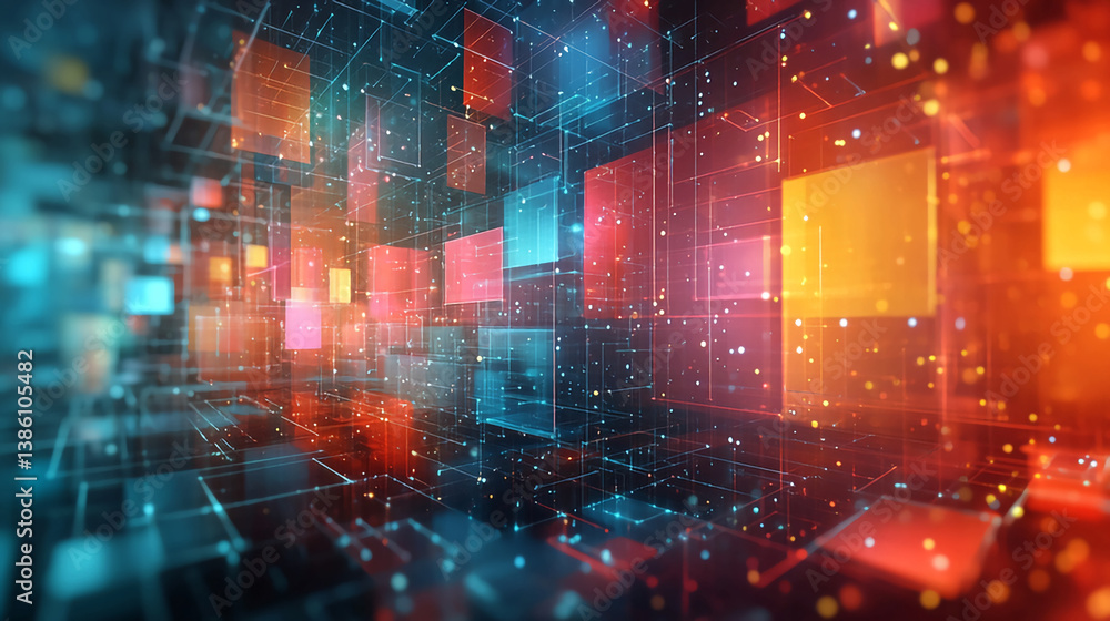 Poster abstract digital technology background with glowing cubes network and data visualization concept