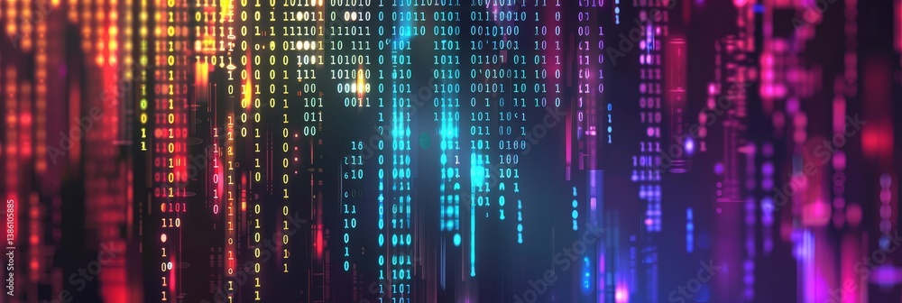 Poster rain abstract background - glowing binary code cascading down, vibrant colors, futuristic tech aesth