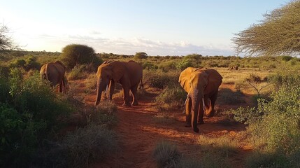 Naklejka premium Elephants Walking Through Savannah Landscape at Dusk in Kenya Africa