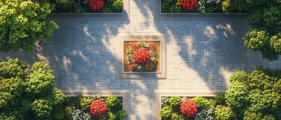 Aerial Perspective of a Serene Urban Garden with Vibrant Red Flowers and Lush Green Trees on a Sunny Day