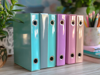  pastel colored file holder and documents,