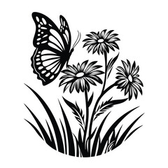 Butterfly and Daisy Flowers Silhouette Design 