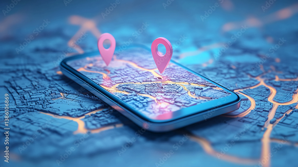 Poster mobile gps navigation app with map and location pins for travel and route planning technology use ca