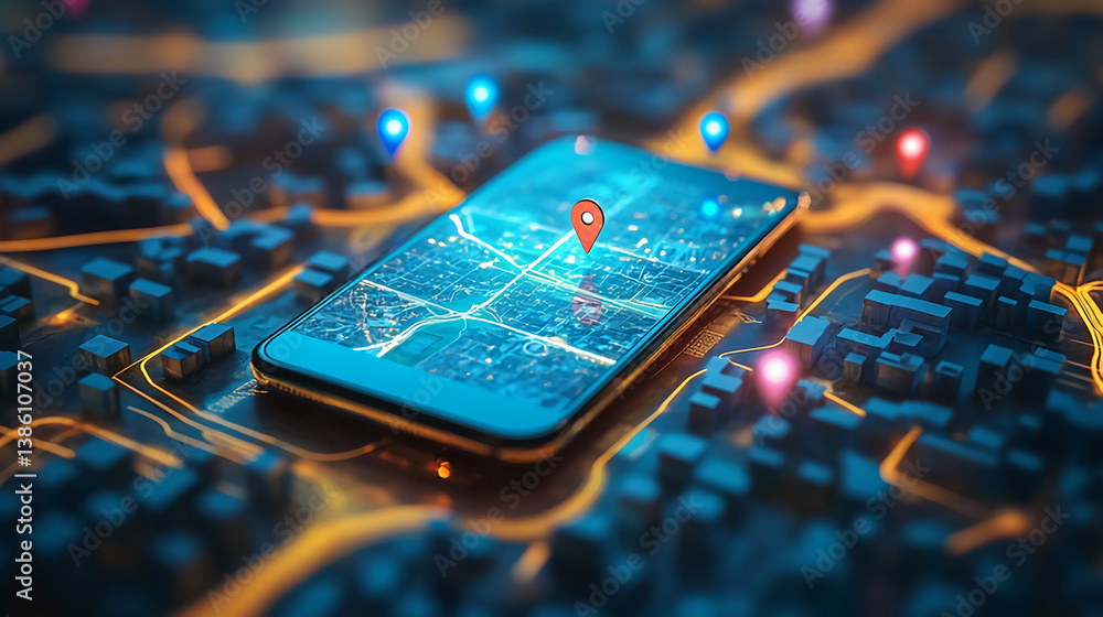 Poster mobile gps navigation app with location pin on screen for travel and destination tracking concept