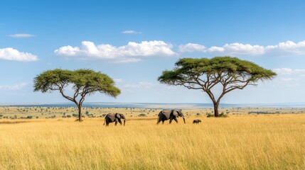 Fototapeta premium Elephants Walking Across African Savannah Landscape with Trees and Blue Sky