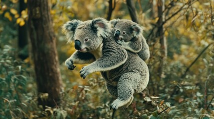 Fototapeta premium Koala Carrying Baby on Back Walking Through Forest Wildlife Scene