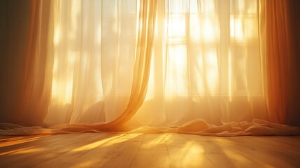 A softly lit background with a gentle haze, showcasing diffused sunlight through curtains