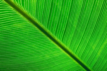A zoomed-in view of a bright green leaf, showing its intricate veining and deep green tones. This image is highlighted by the midrib, texture and blackgound.

