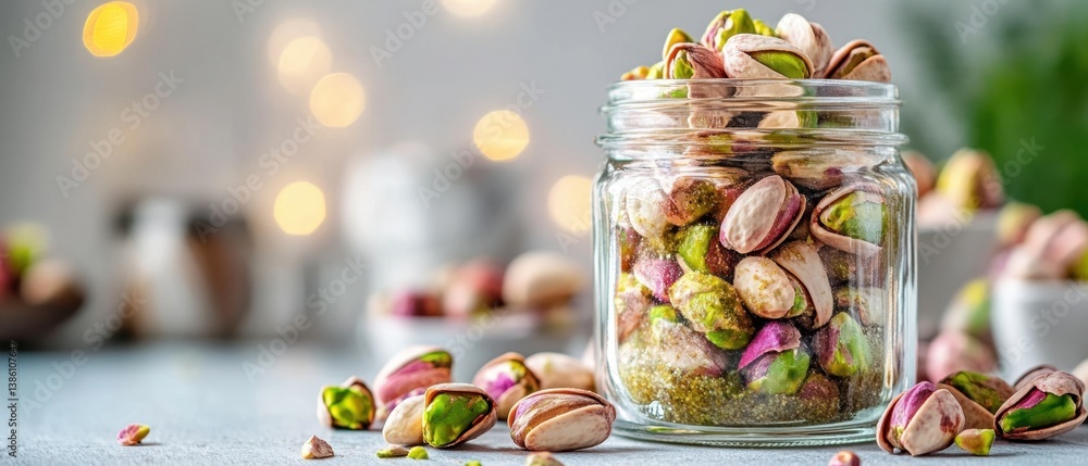 Poster pistachio nuts in glass jar with bokeh lights creating a cozy and inviting atmosphere for healthy sn