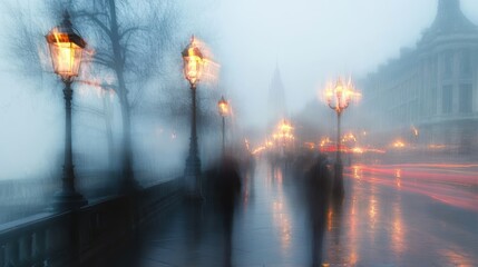 A blurred view of a foggy street with light posts and the hint of passing cars