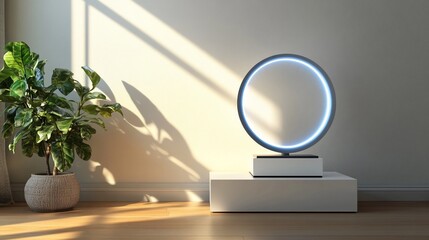 Illuminated ring display, modern room, sunlight, plant, mockup