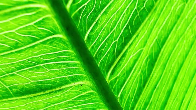 A zoomed-in view of a bright green leaf, showing its intricate veining and deep green tones. This image is highlighted by the midrib, texture and blackgound.
