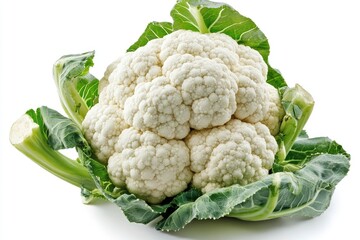 Fresh Raw Cauliflower Head with Green Leaves Isolated on White