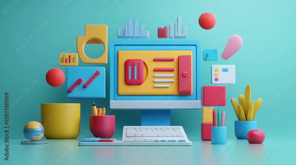 Poster abstract desktop setup with computer and colorful elements for creative design and workspace concept