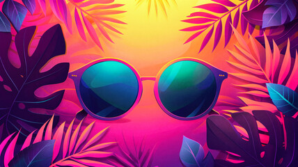 Illustration of sunglasses with tropical leaves in pink and purple colors
