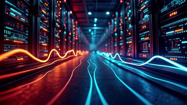 Futuristic datacenter corridor with neon lightrail trails in blue and orange flowing through server racks. Digital network infrastructure with glowing electronic components, tech computing hardware