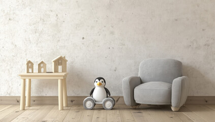 Interior scene with a penguin toy on wheels a gray chair and wooden houses on a table near wall