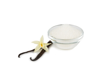 Aromatic vanilla sugar. Vanilla pods. Vanilla sticks, brown and white sugar isolated on a white background. Vanilla flowers, spices and herbs for desserts and baking. Space for text. Copy space