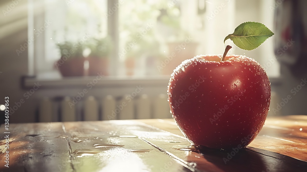 Poster shiny red apple with a green leaf resting on a wooden table illuminated by soft sunlight streaming t