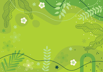 Obraz premium Spring Leaves Border. Abstract green background design. Template Vector Green colors. Concept of sustainable, environmental. Background with Wave, line abstract design, flowers