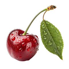 Single Red Cherry with Stem and Leaf Covered in Water Droplets Isolated on White Background