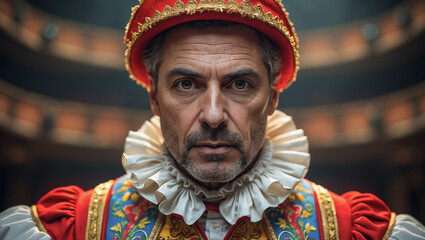 Costumed performer showcases historical attire in a grand theater setting during a theatrical production