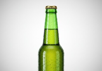 Green glass beer bottle condensation isolated white background