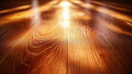 A close-up of a polished wooden table with light reflections creating a warm, inviting feel