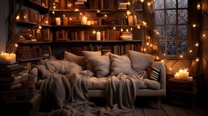 Naklejka premium Cozy reading corner soft warm lighting floating bookshelf stacked beautifully arranged book comfy armchair knitted blanket glowing fairy light wooden flooring rustic aesthetic ultra HD detailed cozy