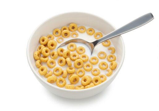 Cereal bowl cheerios milk spoon isolated white background