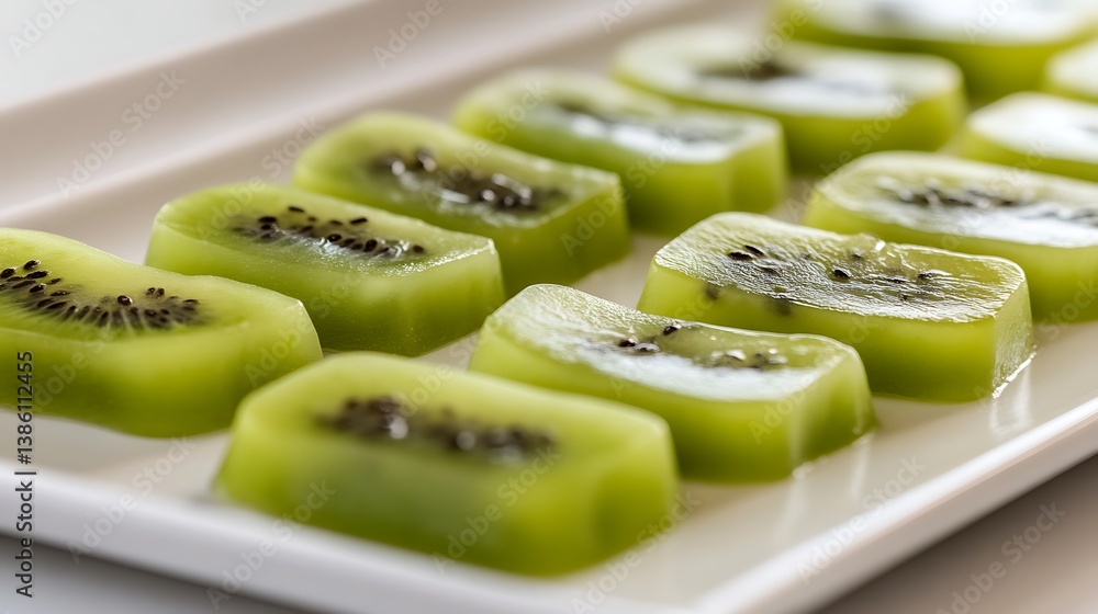 Poster slices of fresh green kiwi fruit arranged neatly on a white rectangular plate, showcasing the vibran
