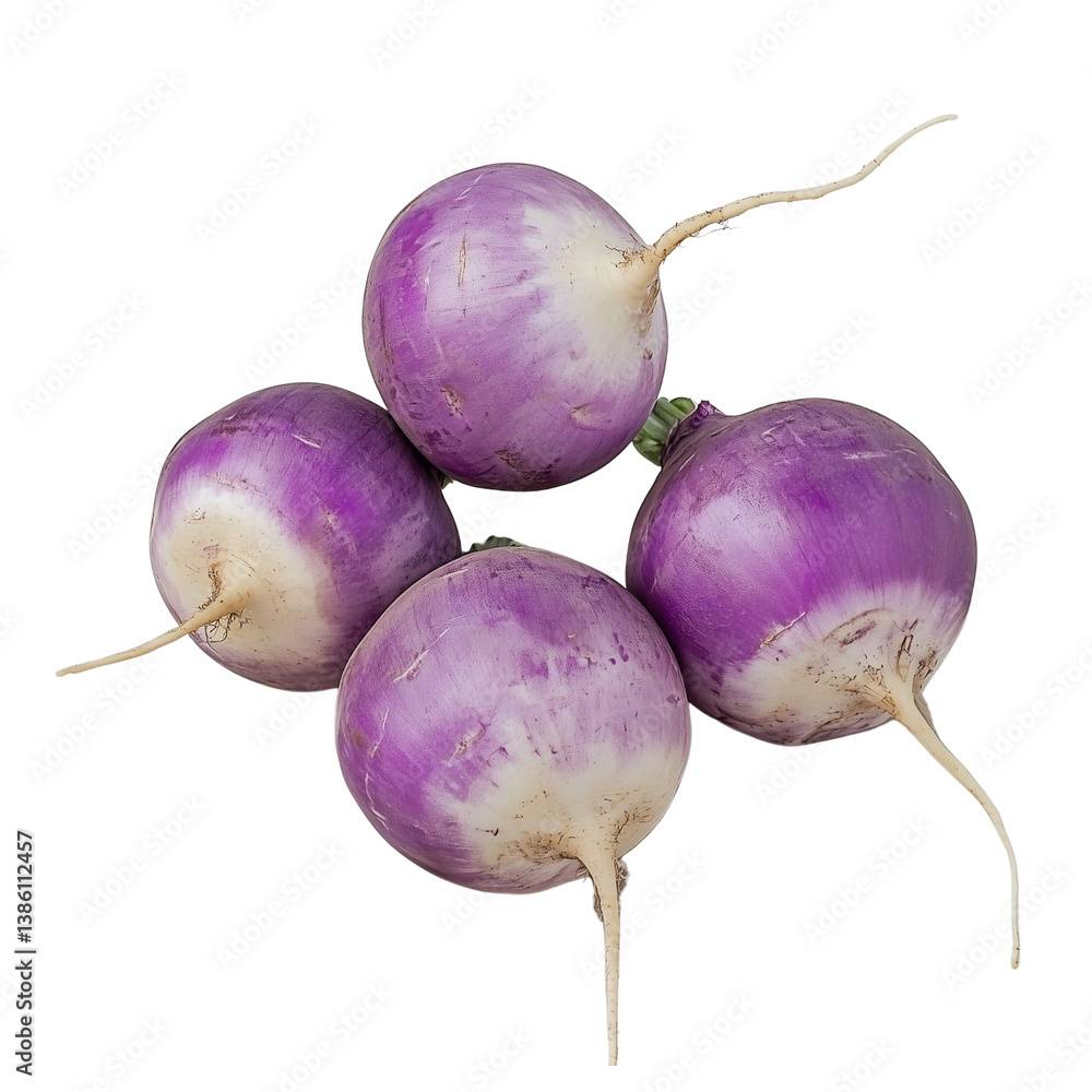 Poster four purple turnips arranged together showcasing their round shape and distinctive color. isolated o