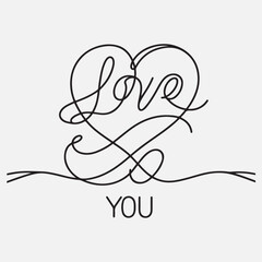 Fototapeta premium Continuous line drawing of love you text and heart. Love symbol. Vector illustration