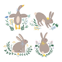 Set of spring compositions with animals. Cute rabbit and goose. Happy Easter print in flat style and pastel colors